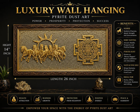 Luxury Pyrite Dust Wall Hanging with 7 Running Horses & Shri Yantra – Wealth, Prosperity, Protection & Success | Premium Vastu Decor