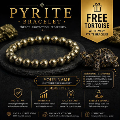 Personalized Pyrite Bracelet with FREE Resin Pyrite Tortoise  Energy • Protection • Prosperity