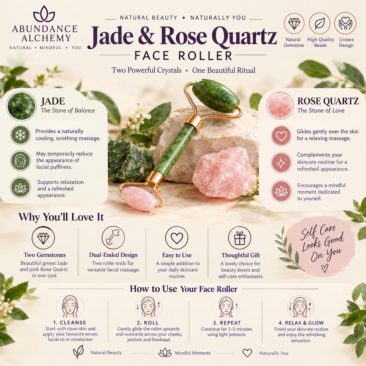 Jade & Rose Quartz Face Roller – Natural Gemstone Facial Massage Tool